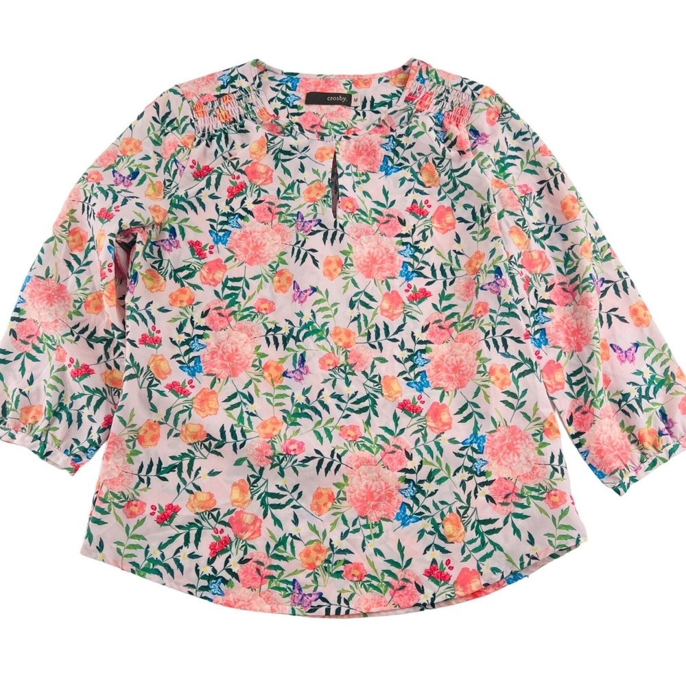 Crosby Women's Medium Blouse Floral Butterflies Spring 3/4 Sleeves Pullover
